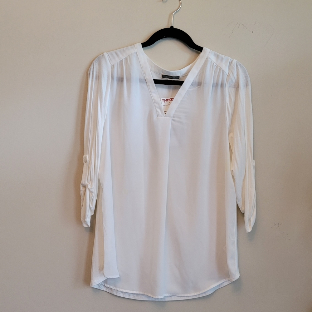 New (w/Tags) White Sheer, Flowy Tunic Blouse w/Buttoned Roll-up Sleeves (Size L)
